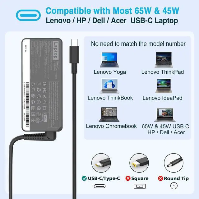 Alt view image 4 of 6 - Laptop Charger for Lenovo ThinkPad Yoga Chromebook IdeaPad X1 Carbon X13 T16 T14 E16 E14 T480 T590 730 C940 13 15 500e 300e, Universal 65W 45W USB C Type C Power Adapter for HP Dell, Original Quality