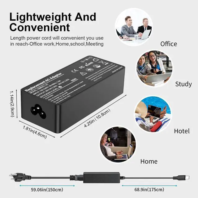 Alt view image 4 of 5 - 65W 45W USB C Laptop Charger Compatible with Lenovo Thinkpad E580 T480s T580s T490 E480 Chromebook C330 S330 100e 300e 500e Yoga S730 C930 C940 C740 Laptop Power Supply Cord