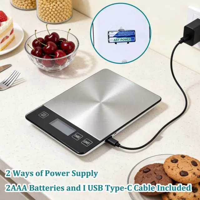 Alt view image 5 of 6 - Food Kitchen Scale 15kg/33lb, Digital Grams and Ounces Scale for Weight, Baking, Cooking Platform with Type-C Rechargeable & Backup Battery Mode, 304 Stainless Steel