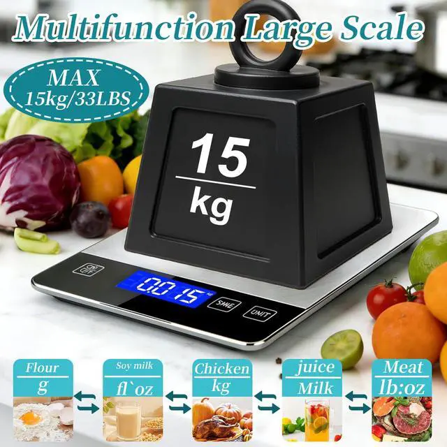 Alt view image 4 of 6 - Food Kitchen Scale 15kg/33lb, Digital Grams and Ounces Scale for Weight, Baking, Cooking Platform with Type-C Rechargeable & Backup Battery Mode, 304 Stainless Steel