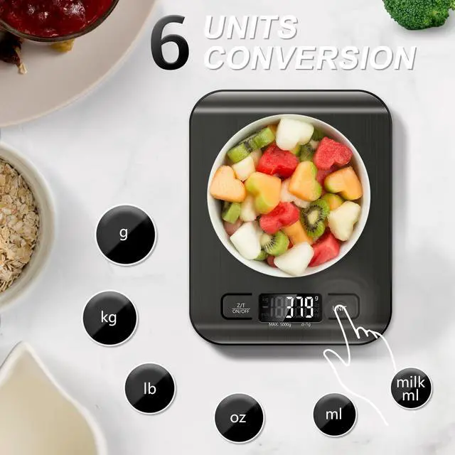 Alt view image 2 of 5 - Food Scale, 11lb Kitchen Scale with 6 Units Tare Function & LCD Display, 0.05oz/1g Stainless Steel Digital Food Scale Grams and Ounces for Baking, Cooking, Dieting and Meal Prep (Black)