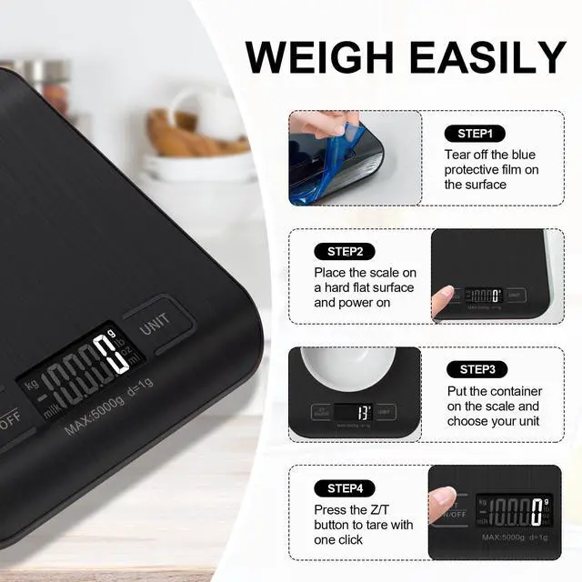 Alt view image 4 of 5 - Food Scale, 11lb Kitchen Scale with 6 Units Tare Function & LCD Display, 0.05oz/1g Stainless Steel Digital Food Scale Grams and Ounces for Baking, Cooking, Dieting and Meal Prep (Black)