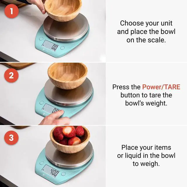 Alt view image 6 of 6 - 0.1g Food Scale, Bowl, Digital Grams and Ounces for Weight Loss, Dieting, Baking, Cooking, and Meal Prep, 11lb/5kg, Bright Blue