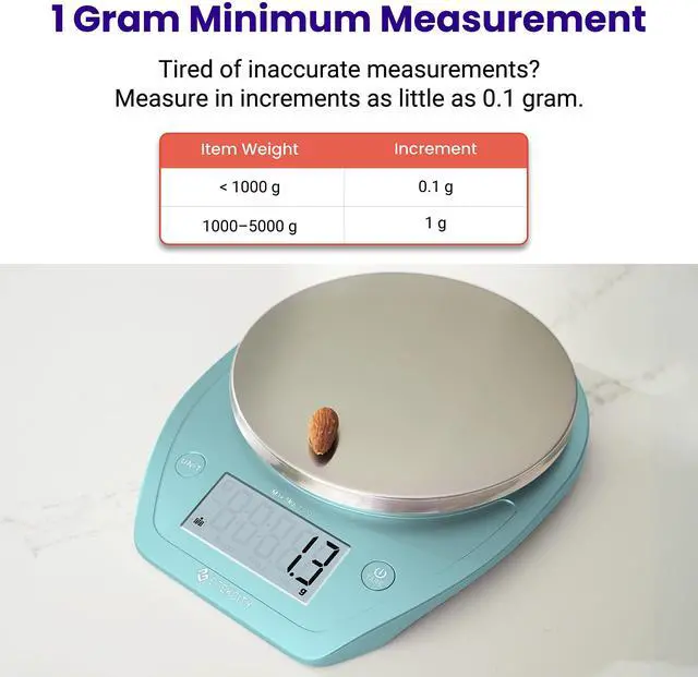 Alt view image 2 of 6 - 0.1g Food Scale, Bowl, Digital Grams and Ounces for Weight Loss, Dieting, Baking, Cooking, and Meal Prep, 11lb/5kg, Bright Blue