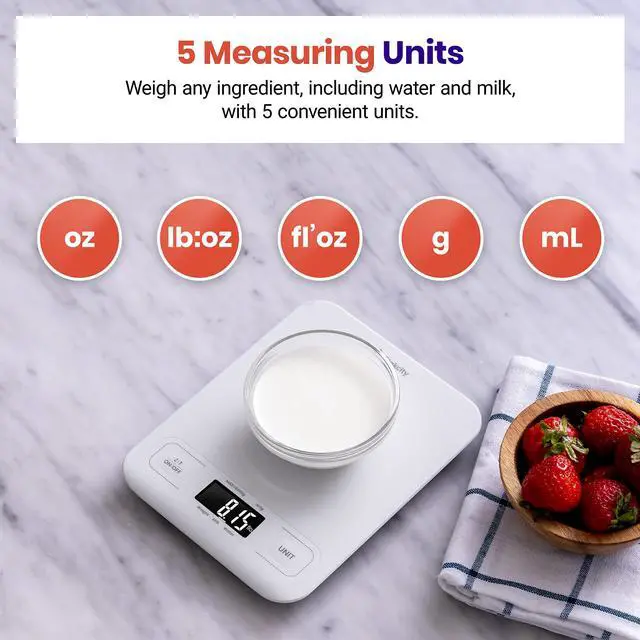 Alt view image 3 of 6 - Food Kitchen Scale, Digital Grams and Ounces for Weight Loss, Baking, Cooking, Keto and Meal Prep, LCD Display, Medium, White