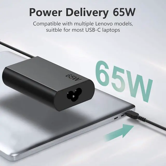 Alt view image 2 of 7 - 65W USB-C Laptop Charger Compatible with Lenovo ThinkPad Type C Notebooks | Power Adapter for Lenovo ThinkPad X1 Carbon, T14, X13, Yoga, ThinkBook 13s Chromebook. Supports USBC PD Fast Charging