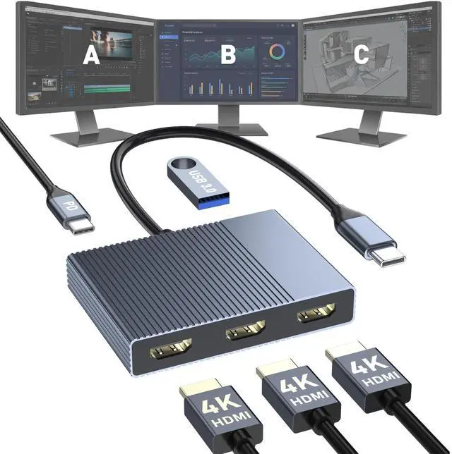 Main image of USB C to 3 HDMI Adapter with PD 100W/USB3.0, 4K@60Hz 3 Way HDMI Splitter Extended Display for 3 Monitors, Triple Monitor Docking Station for Dell/HP/Mac Laptop, SST/MST USBC Hub for Multiple Monitors