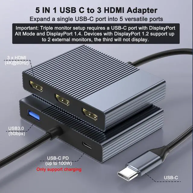 Alt view image 2 of 7 - USB C to 3 HDMI Adapter with PD 100W/USB3.0, 4K@60Hz 3 Way HDMI Splitter Extended Display for 3 Monitors, Triple Monitor Docking Station for Dell/HP/Mac Laptop, SST/MST USBC Hub for Multiple Monitors