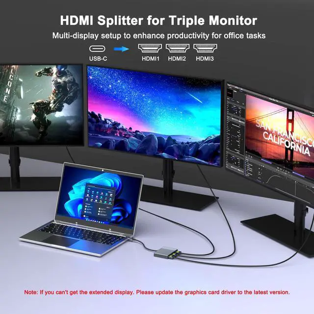 Alt view image 3 of 7 - USB C to 3 HDMI Adapter with PD 100W/USB3.0, 4K@60Hz 3 Way HDMI Splitter Extended Display for 3 Monitors, Triple Monitor Docking Station for Dell/HP/Mac Laptop, SST/MST USBC Hub for Multiple Monitors