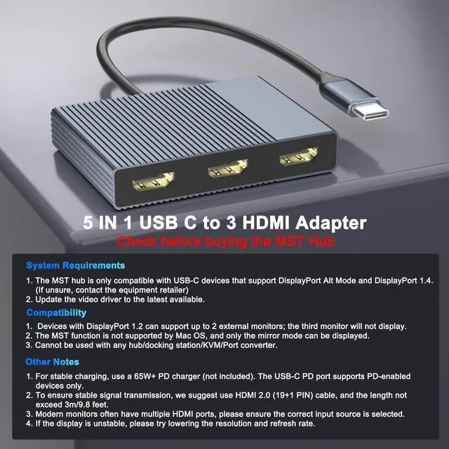Alt view image 6 of 7 - USB C to 3 HDMI Adapter with PD 100W/USB3.0, 4K@60Hz 3 Way HDMI Splitter Extended Display for 3 Monitors, Triple Monitor Docking Station for Dell/HP/Mac Laptop, SST/MST USBC Hub for Multiple Monitors