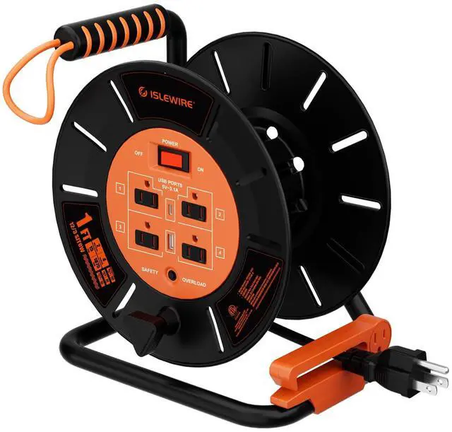 Main image of Extension Cord Storage Reel with 4-Grounded Outlets & 2 USB Ports, Heavy Duty Open Cord Reel for 12/3,14/3,16/3 Gauge Power Cord, Hand Wind Retractable, 15A Circuit Breaker, ETL Listed, Orange