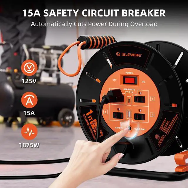 Alt view image 4 of 5 - Extension Cord Storage Reel with 4-Grounded Outlets & 2 USB Ports, Heavy Duty Open Cord Reel for 12/3,14/3,16/3 Gauge Power Cord, Hand Wind Retractable, 15A Circuit Breaker, ETL Listed, Orange