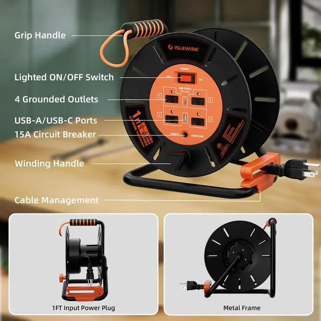 Alt view image 2 of 5 - Extension Cord Storage Reel with 4-Grounded Outlets & 2 USB Ports, Heavy Duty Open Cord Reel for 12/3,14/3,16/3 Gauge Power Cord, Hand Wind Retractable, 15A Circuit Breaker, ETL Listed, Orange