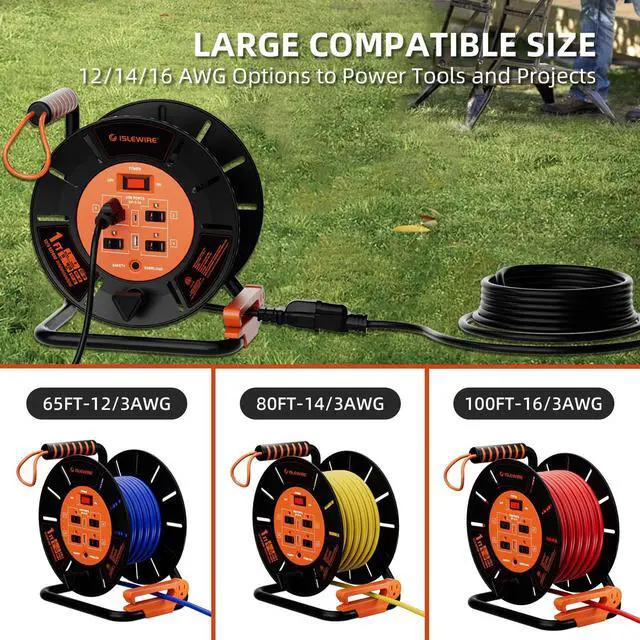Alt view image 3 of 5 - Extension Cord Storage Reel with 4-Grounded Outlets & 2 USB Ports, Heavy Duty Open Cord Reel for 12/3,14/3,16/3 Gauge Power Cord, Hand Wind Retractable, 15A Circuit Breaker, ETL Listed, Orange
