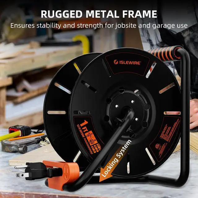 Alt view image 5 of 5 - Extension Cord Storage Reel with 4-Grounded Outlets & 2 USB Ports, Heavy Duty Open Cord Reel for 12/3,14/3,16/3 Gauge Power Cord, Hand Wind Retractable, 15A Circuit Breaker, ETL Listed, Orange