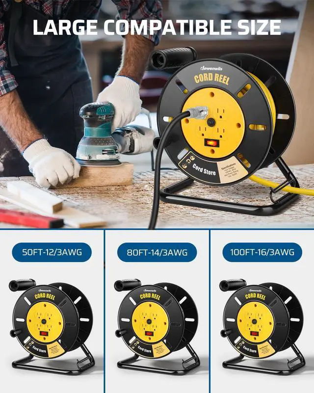 Alt view image 5 of 7 - Extension Cord Storage Reel with 4-Grounded Outlets, Heavy Duty Open Cord Reel for 12/3,14/3,16/3 Gauge Power Cord, Hand Wind Retractable, 13A Circuit Breaker, Yellow, ETL Listed