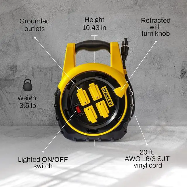 Alt view image 3 of 6 - Retractable Extension Cord Reel 20ft Portable 4 Outlet Cord Reel with On Off Switch 16/3 AWG Power Cable 125V/13A 1625W ETL Listed for Garage and Workshop