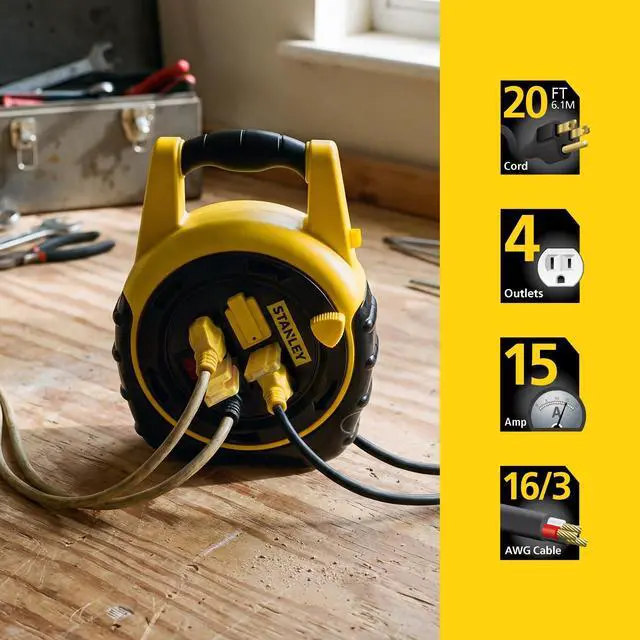 Alt view image 4 of 6 - Retractable Extension Cord Reel 20ft Portable 4 Outlet Cord Reel with On Off Switch 16/3 AWG Power Cable 125V/13A 1625W ETL Listed for Garage and Workshop