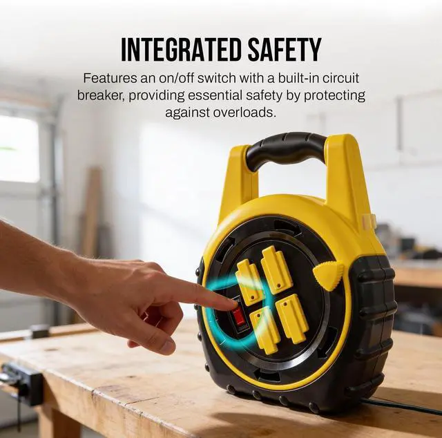 Alt view image 5 of 6 - Retractable Extension Cord Reel 20ft Portable 4 Outlet Cord Reel with On Off Switch 16/3 AWG Power Cable 125V/13A 1625W ETL Listed for Garage and Workshop