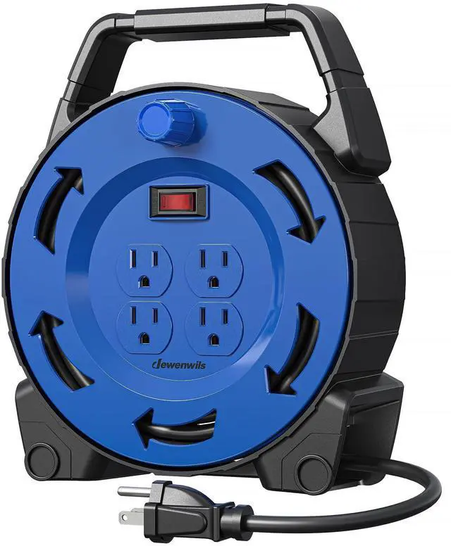 Main image of Extension Cord Reel with 30 FT Power Cord, Hand Wind Retractable, 16/3 AWG SJTW, 4 Grounded Outlets, 13 Amp Circuit Breaker, Blue/Black, UL Listed