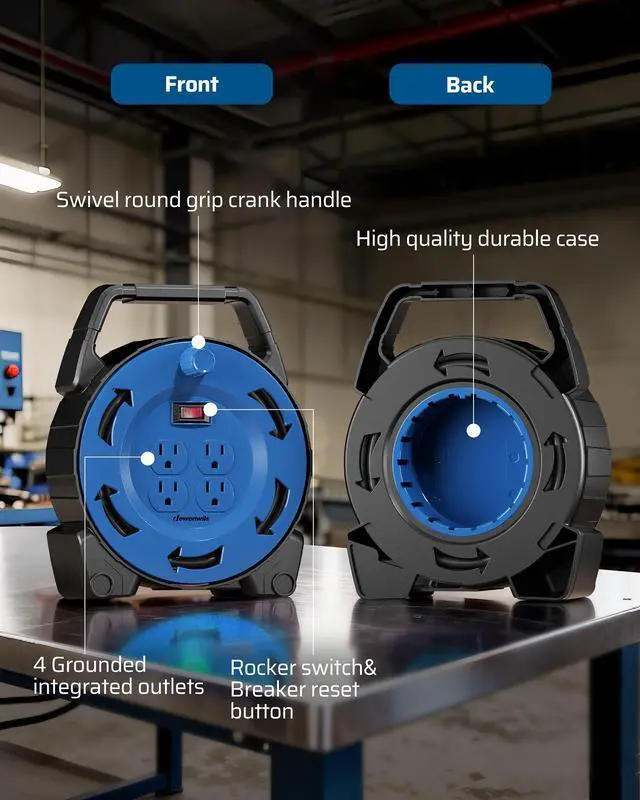 Alt view image 2 of 6 - Extension Cord Reel with 30 FT Power Cord, Hand Wind Retractable, 16/3 AWG SJTW, 4 Grounded Outlets, 13 Amp Circuit Breaker, Blue/Black, UL Listed