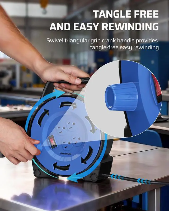 Alt view image 3 of 6 - Extension Cord Reel with 30 FT Power Cord, Hand Wind Retractable, 16/3 AWG SJTW, 4 Grounded Outlets, 13 Amp Circuit Breaker, Blue/Black, UL Listed