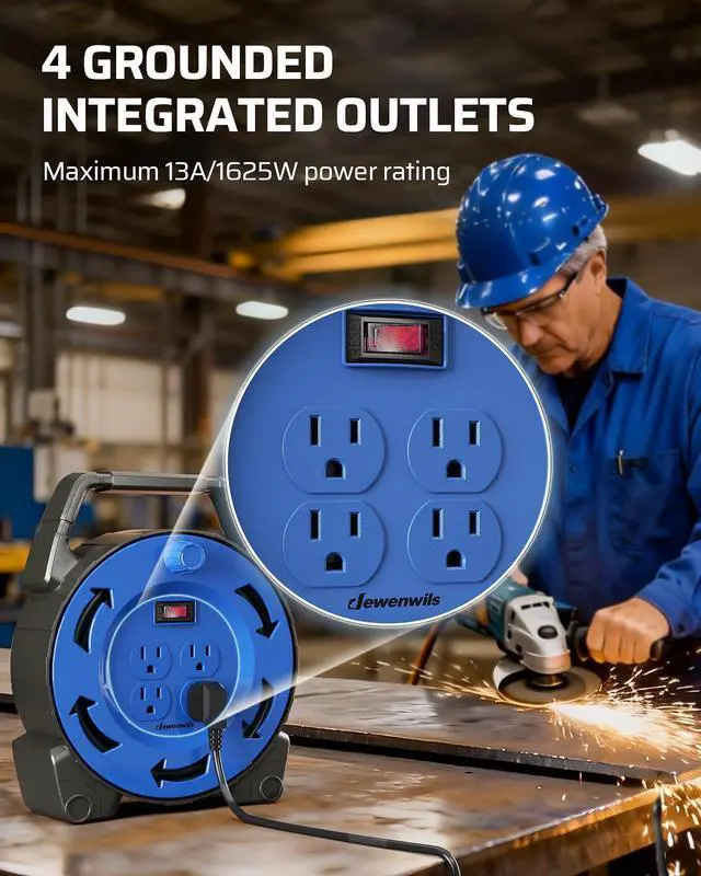 Alt view image 5 of 6 - Extension Cord Reel with 30 FT Power Cord, Hand Wind Retractable, 16/3 AWG SJTW, 4 Grounded Outlets, 13 Amp Circuit Breaker, Blue/Black, UL Listed