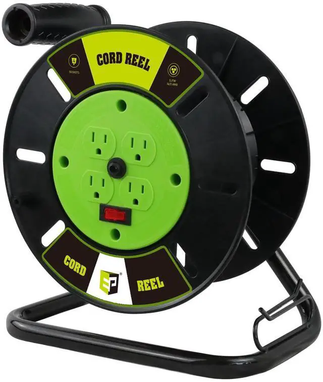 Main image of Extension Cord Storage Reel with 4-Grounded Outlets, Heavy Duty Open Cord Reel for 12/3 14/3 16/3 Power Cords, Portable Empty Hand Crank Electric Cord Roller Holder, Green