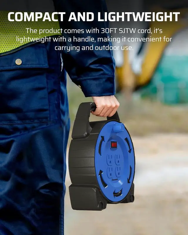 Alt view image 6 of 6 - Extension Cord Reel with 30 FT Power Cord, Hand Wind Retractable, 16/3 AWG SJTW, 4 Grounded Outlets, 13 Amp Circuit Breaker, Blue/Black, UL Listed