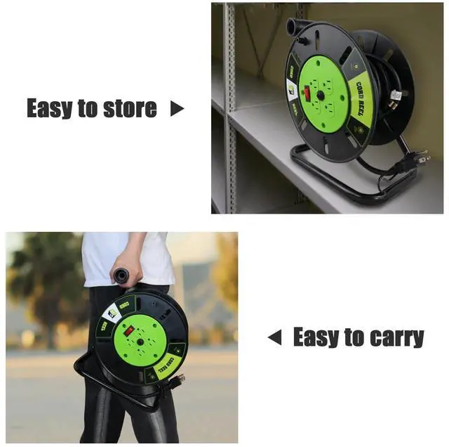 Alt view image 6 of 7 - Extension Cord Storage Reel with 4-Grounded Outlets, Heavy Duty Open Cord Reel for 12/3 14/3 16/3 Power Cords, Portable Empty Hand Crank Electric Cord Roller Holder, Green