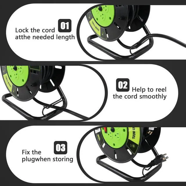 Alt view image 4 of 7 - Extension Cord Storage Reel with 4-Grounded Outlets, Heavy Duty Open Cord Reel for 12/3 14/3 16/3 Power Cords, Portable Empty Hand Crank Electric Cord Roller Holder, Green