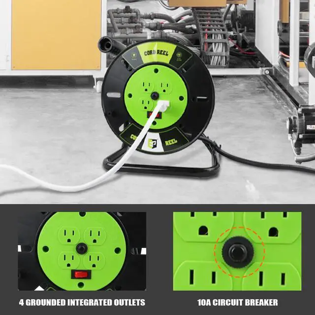 Alt view image 5 of 7 - Extension Cord Storage Reel with 4-Grounded Outlets, Heavy Duty Open Cord Reel for 12/3 14/3 16/3 Power Cords, Portable Empty Hand Crank Electric Cord Roller Holder, Green