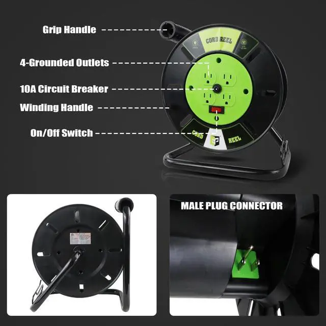 Alt view image 3 of 7 - Extension Cord Storage Reel with 4-Grounded Outlets, Heavy Duty Open Cord Reel for 12/3 14/3 16/3 Power Cords, Portable Empty Hand Crank Electric Cord Roller Holder, Green