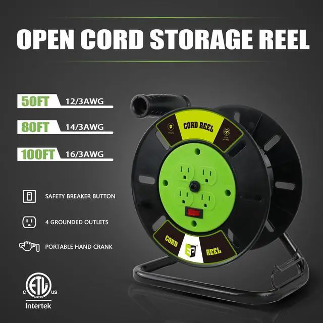 Alt view image 2 of 7 - Extension Cord Storage Reel with 4-Grounded Outlets, Heavy Duty Open Cord Reel for 12/3 14/3 16/3 Power Cords, Portable Empty Hand Crank Electric Cord Roller Holder, Green