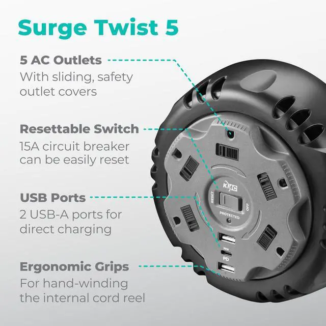 Alt view image 2 of 5 - 5-Outlet USB-C PD Surge Twist Retractable Power Strip Cord Reel, 2 USB-A & 1 USB-C Power Delivery, 735J Surge Protector, 8ft Retractable Extension Cord, 3-Prong Flat Plug, UL/ETL Certified, Gray