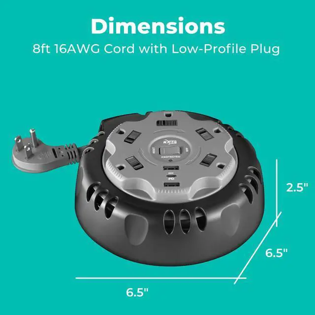 Alt view image 3 of 5 - 5-Outlet USB-C PD Surge Twist Retractable Power Strip Cord Reel, 2 USB-A & 1 USB-C Power Delivery, 735J Surge Protector, 8ft Retractable Extension Cord, 3-Prong Flat Plug, UL/ETL Certified, Gray