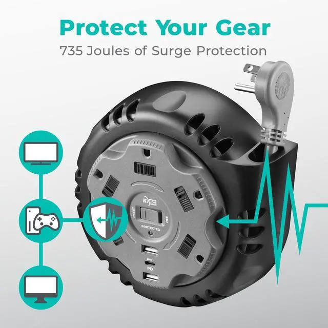 Alt view image 5 of 5 - 5-Outlet USB-C PD Surge Twist Retractable Power Strip Cord Reel, 2 USB-A & 1 USB-C Power Delivery, 735J Surge Protector, 8ft Retractable Extension Cord, 3-Prong Flat Plug, UL/ETL Certified, Gray