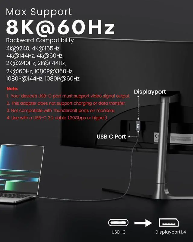 Alt view image 2 of 7 - 8K@60Hz USB C to DisplayPort 1.4 Adapter Unidirectional, 4K240Hz Type C to Display Port Adapter, Thunderbolt 4/3 to DP Converter Compatible with iPhone 17 16 15, Galaxy S25 S24, MacBook Pro/Air