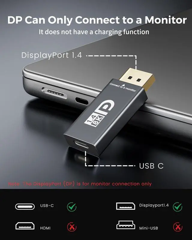 Alt view image 3 of 7 - 8K@60Hz USB C to DisplayPort 1.4 Adapter Unidirectional, 4K240Hz Type C to Display Port Adapter, Thunderbolt 4/3 to DP Converter Compatible with iPhone 17 16 15, Galaxy S25 S24, MacBook Pro/Air