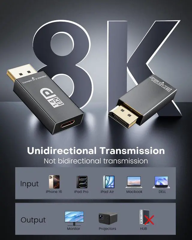 Alt view image 7 of 7 - 8K@60Hz USB C to DisplayPort 1.4 Adapter Unidirectional, 4K240Hz Type C to Display Port Adapter, Thunderbolt 4/3 to DP Converter Compatible with iPhone 17 16 15, Galaxy S25 S24, MacBook Pro/Air