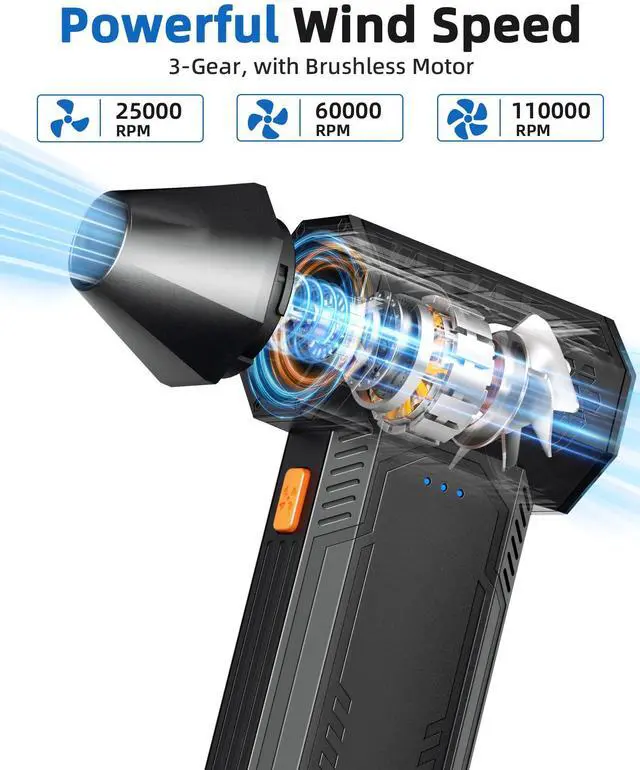 Alt view image 5 of 7 - Compressed Air Duster - Electric Air Duster Super Power 130000RPM, 3-Gear Adjustable Mini Duster Blower with Fast Charging, Air Duster Rechargeable for Computer, Keyboard Cleaner, House, Outdoor, Car