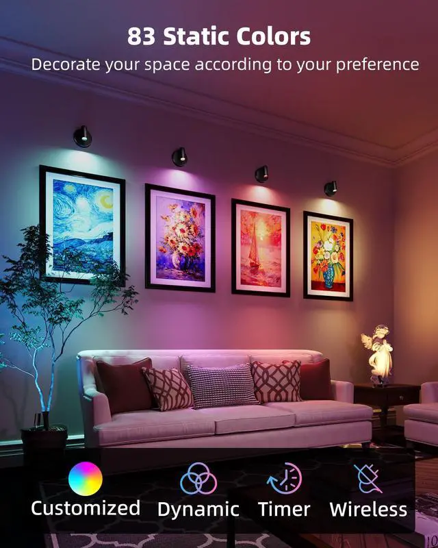Alt view image 3 of 7 - RGB Spotlights Indoor with Remote, 5500mAh Rechargeable Picture Lights, DIY Mode & 83 Color Changing Uplighting, Wireless Mini Accent Lighting for Plant Painting, Artwork (2Pack-Black)