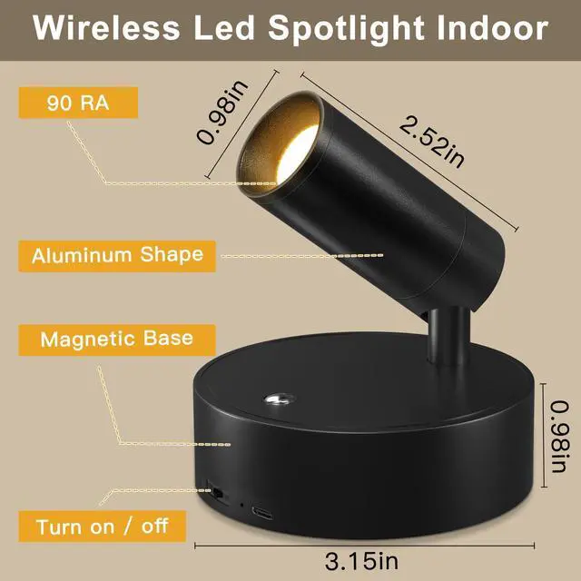 Alt view image 6 of 7 - Spot Lights Indoor, 4000mAh Rechargeable Battery LED Spotlight Indoor with Remote, Wireless Picture Lights with Timer Dimmable, Uplights Indoor for Plants, Wall Art Display (2 Pack)