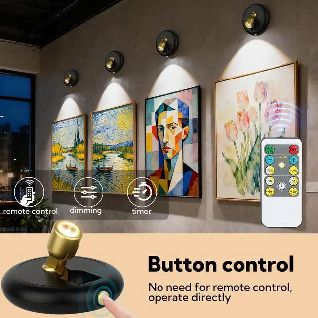 Alt view image 2 of 6 - (4-Pack) Rechargeable Spotlight Indoor, Wireless LED Accent Lights with Remote & Timer, Dimmable Up Light for Indoor Plants, Artwork, Pictures & Trees, Stick on Mini Spotlights