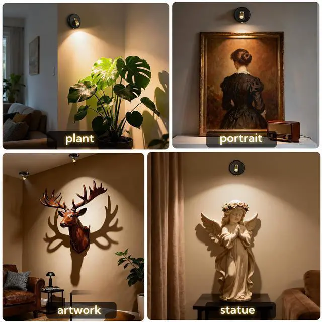 Alt view image 6 of 6 - (4-Pack) Rechargeable Spotlight Indoor, Wireless LED Accent Lights with Remote & Timer, Dimmable Up Light for Indoor Plants, Artwork, Pictures & Trees, Stick on Mini Spotlights