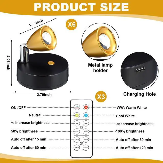 Alt view image 2 of 7 - 6 Pcs Mini Rechargeable Spotlights with 3 Remote Control Indoor Plant Wireless LED Spot Lights Rotatable Dimmable Accent Picture Lights for Wall Artwork Painting Display (Gold)