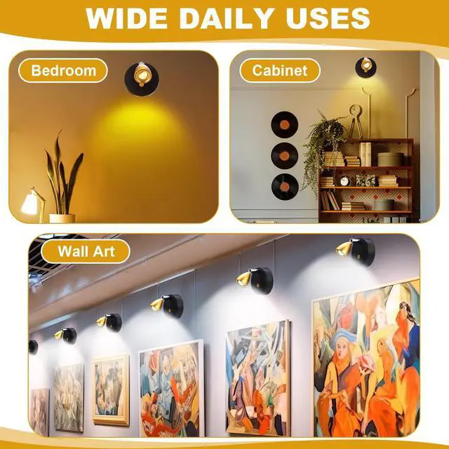 Alt view image 7 of 7 - 6 Pcs Mini Rechargeable Spotlights with 3 Remote Control Indoor Plant Wireless LED Spot Lights Rotatable Dimmable Accent Picture Lights for Wall Artwork Painting Display (Gold)