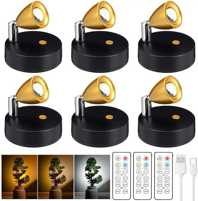 Main image of 6 Pcs Mini Rechargeable Spotlights with 3 Remote Control Indoor Plant Wireless LED Spot Lights Rotatable Dimmable Accent Picture Lights for Wall Artwork Painting Display (Gold)