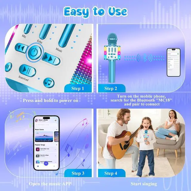 Alt view image 6 of 7 - Karaoke Microphone Toys for Kids, Wireless Bluetooth Mic with Lights & Speaker, Portable Home KTV Player System, Perfect Birthday Party for 3-12 Year Old Boys & Girls