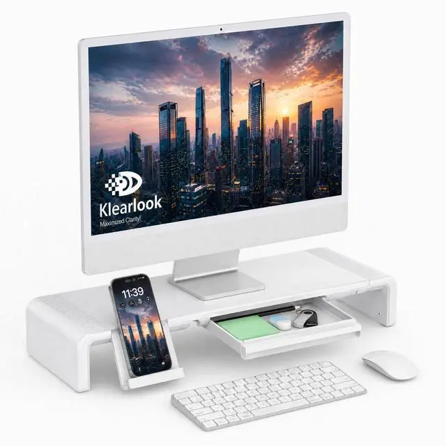 Main image of Monitor Stand Riser, Klearlook Foldable, Height Adjustable Computer Stand, Desk Shelf Riser with Storage Drawer &Tablet Phone Stand for Desktop, Laptop (White)